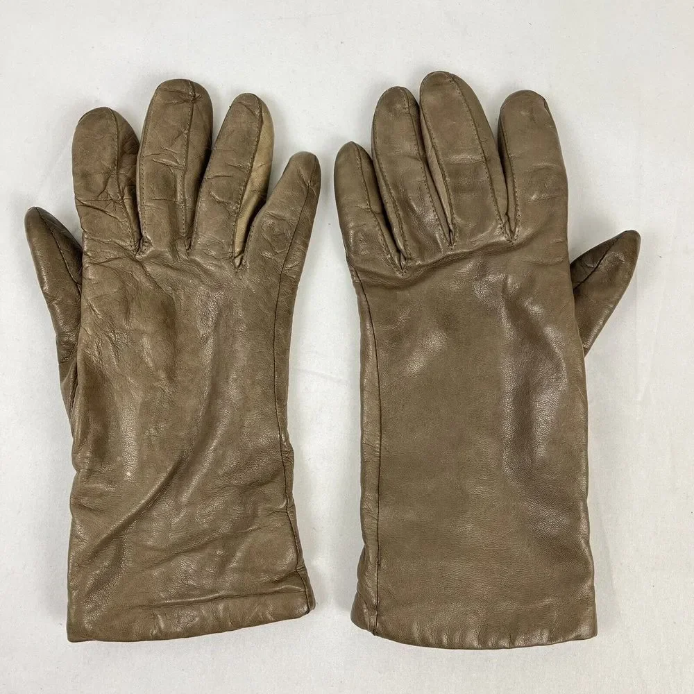 Vintage ARIS Womens Taupe Tan Leather Cashmere Lined‎ Gloves Size 7